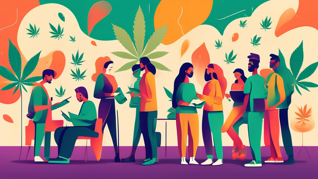 Create an image of a diverse group of people in a modern, open space, each filling out a questionnaire with cannabis leaf symbols on it. The background should have subtle, abstract marijuana-themed de