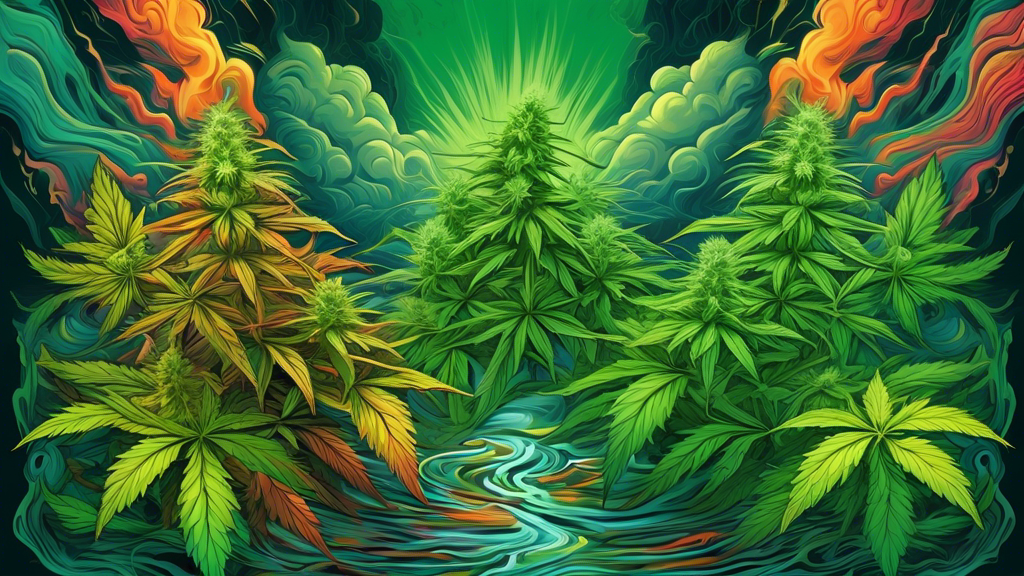 An intricate digital painting split down the middle contrasting the serene, green nature of a thriving cannabis plant representing the benefits, with the other half depicting a stormy, chaotic landscape symbolizing the risks.