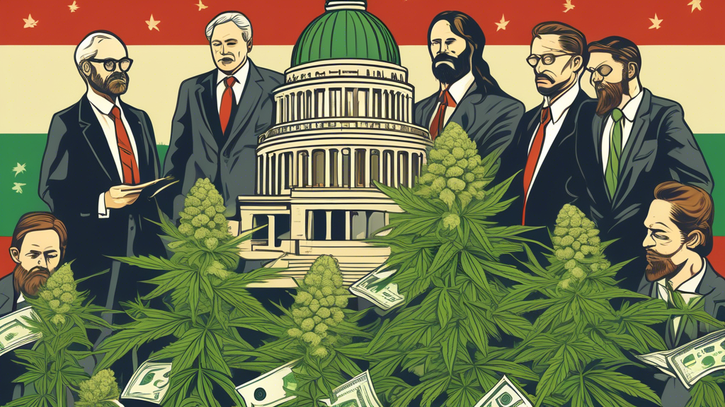 Create an image depicting the legislative process in South Dakota, focused on the increase in fees for cannabis businesses. The scene should include government officials in a formal meeting setting, d