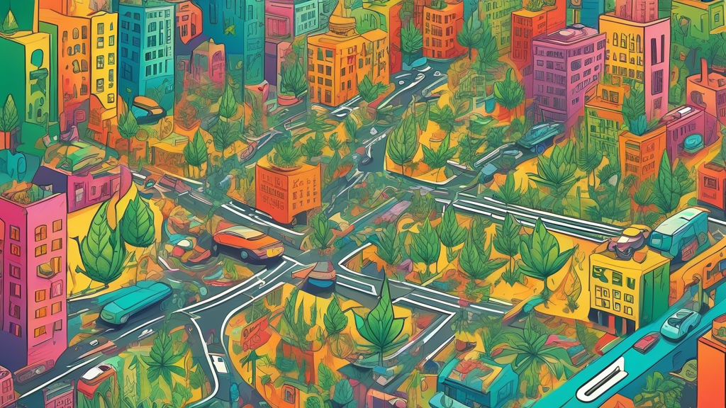 A colorful illustrated map highlighting a network of roads with multiple marijuana leaf icons representing dispensaries in a bustling cityscape.