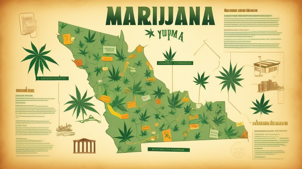 Create an image showing a map of Yuma, AZ, highlighting key locations where marijuana dispensaries are situated. Include visual elements like marijuana leaves and law symbols such as a gavel or scales