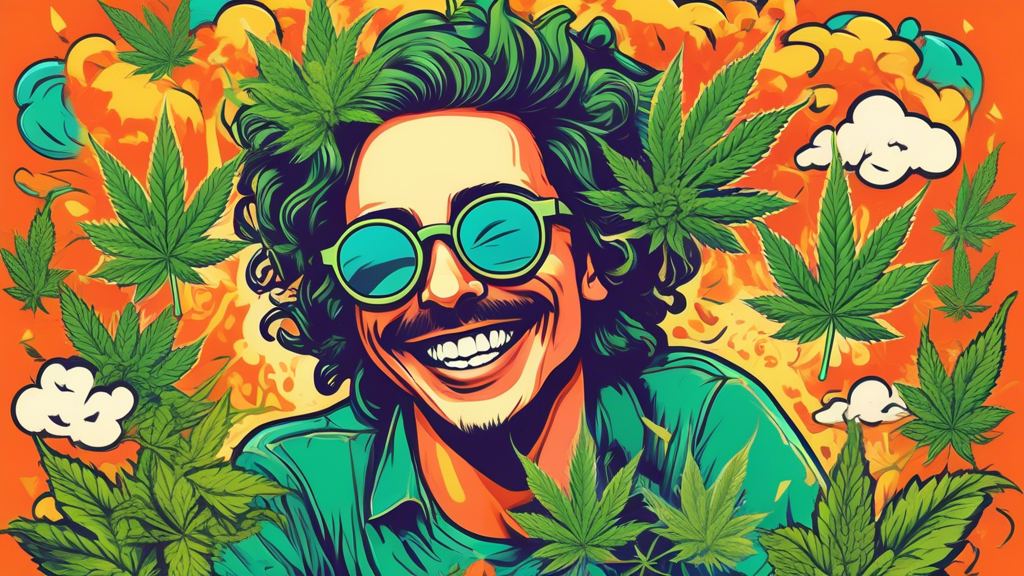 Create a vibrant and playful image featuring a colorful background with illustrations of cannabis leaves and smoke clouds. In the center, depict a whimsical, smiling cartoon joint wearing sunglasses a