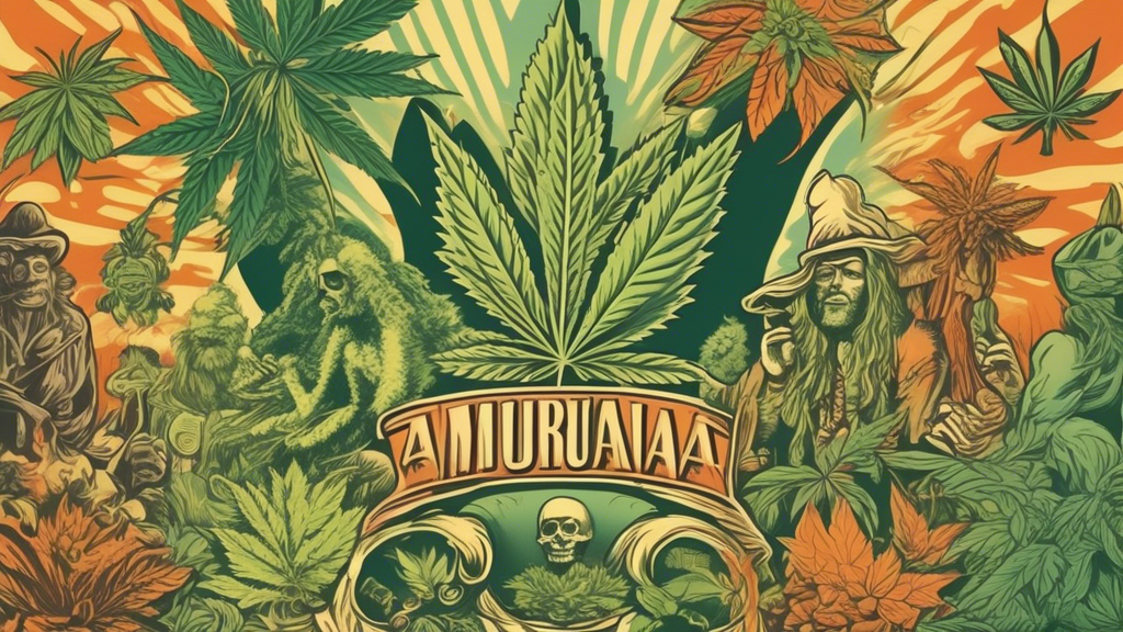 Create an image that showcases the evolution of marijuana imagery over time. The illustration should include a timeline with different depictions of marijuana, starting from ancient representations in