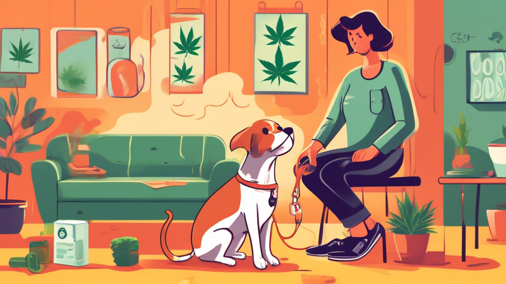 Illustration of a worried pet owner holding a leash with a dog displaying typical symptoms of marijuana poisoning, such as wobbly stance and drooling. In the background, a home setting with visible sa