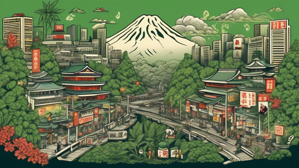 Create an image that depicts the complex relationship between marijuana laws and culture in Japan today. Show a modern Japanese cityscape with a mix of traditional and contemporary elements. On one si