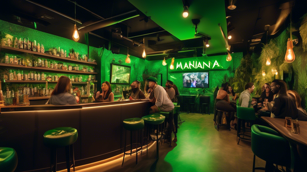 A vibrant, bustling scene inside Marijuana Club 99 with diverse patrons enjoying various activities. Showcase the ambient lighting, modern decor combining green hues and natural elements, various cann