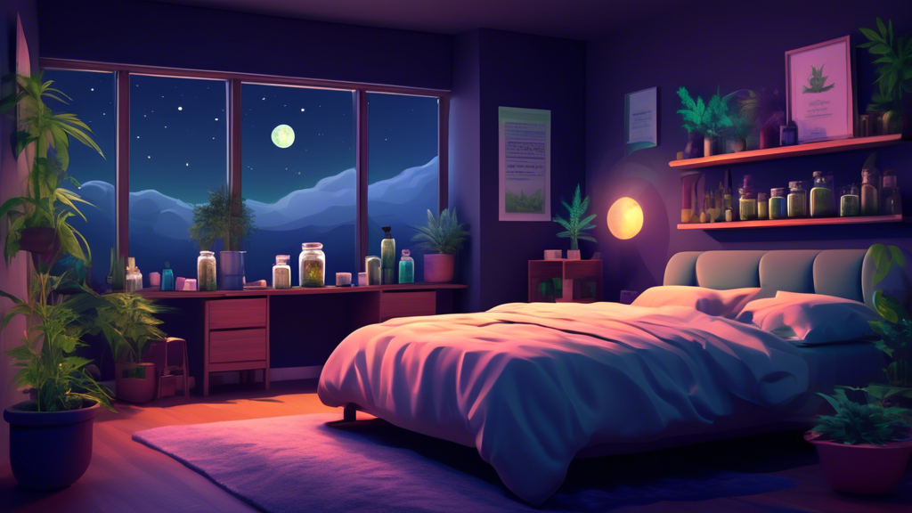 Generate an image of a serene bedroom at night with moonlight gently illuminating the room. On a bedside table, feature neatly labeled jars of different cannabis strains, each with calming, sleep-rela