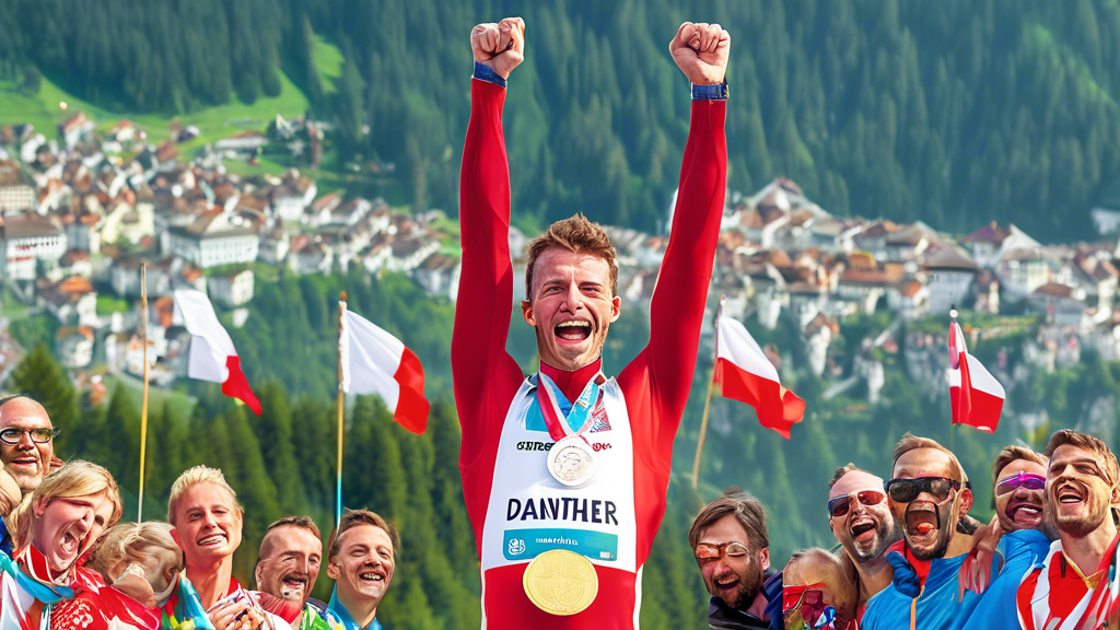 Create an image showing Daniel Friedenthaler triumphantly celebrating after defending his title in Austria. He is standing on a podium with a gold medal around his neck, surrounded by vibrant Austrian