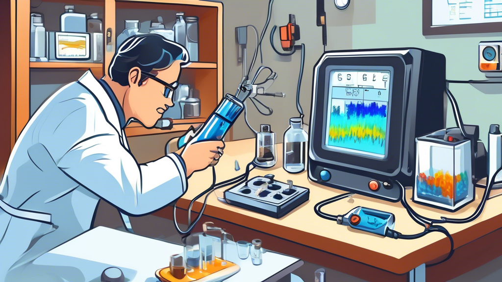 Create an image that showcases the concept of electrical conductivity. Include a scientist in a lab coat measuring conductivity of various materials, like metals and liquids, using advanced tools and 