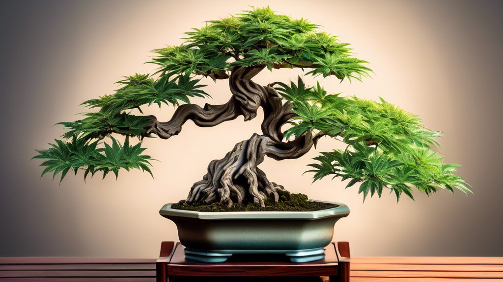 A detailed and artistic image of a small, meticulously cultivated marijuana bonsai tree. The tree is displayed in an elegant pot on a wooden table, set against a serene backdrop of a zen garden. The t