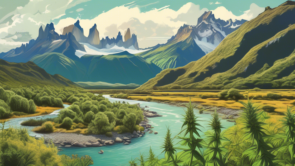 Prompt: A breathtaking landscape of Los Cauces in Patagonia, featuring lush greenery, serene rivers, and majestic mountains. In the foreground, there is a carefully cultivated cannabis garden integrat