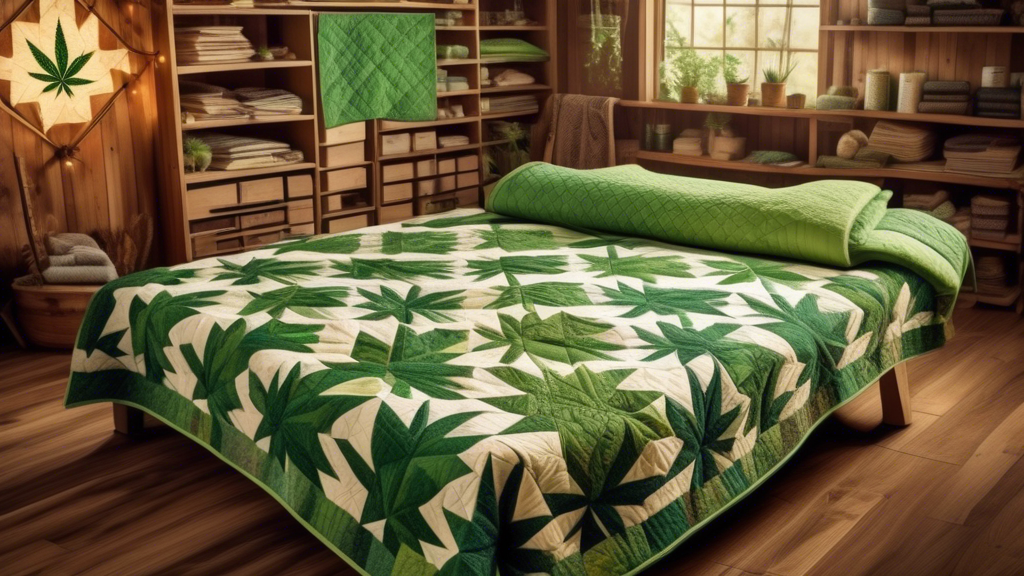 Create an image depicting a beautiful, cozy quilt with intricate marijuana leaf patterns. The quilt is laid out on a rustic wooden table, surrounded by quilting materials like spools of green thread, 