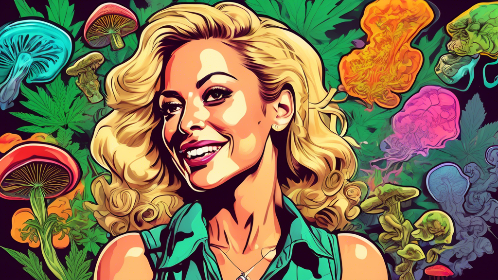 A professional studio portrait of adult star Cherie DeVille, confidently discussing themes of marijuana and mushrooms. The background includes elements such as cannabis leaves, psychedelic mushroom im