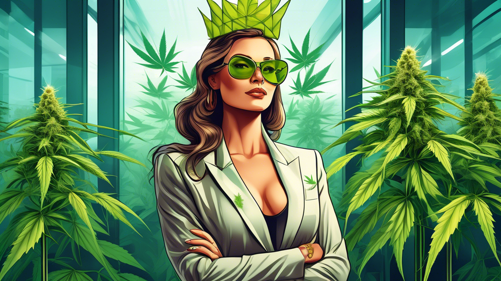 Create an image of a confident, regal woman adorned with a crown made of cannabis leaves, standing in a luxurious, modern office. The backdrop features a high-tech grow facility visible through large 