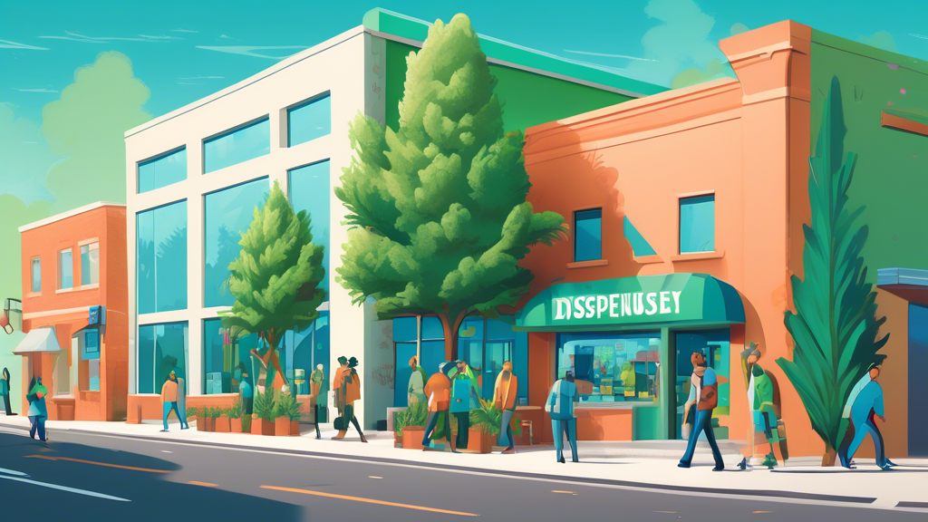 Create an image of a friendly neighborhood scene with a modern, inviting marijuana dispensary. Include a green cross symbol on the building, and people casually walking by, some entering the dispensar