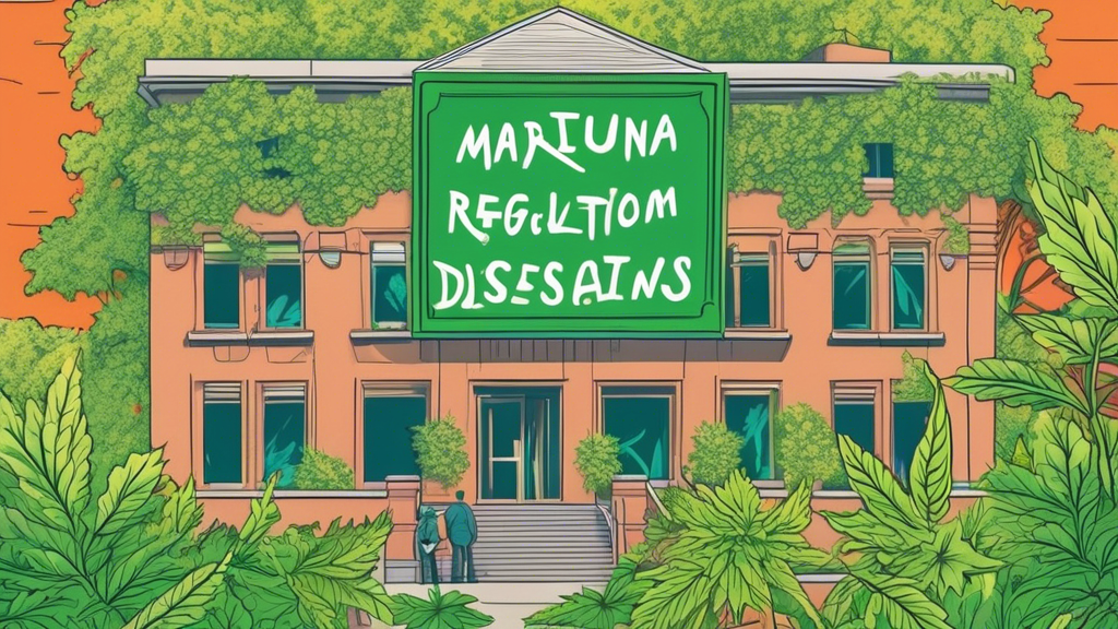 Create an image depicting the city hall of Oak Harbor with a backdrop of lush green marijuana leaves subtly integrated into the scenery. A sign in front of the building reads 'Marijuana Regulations Di