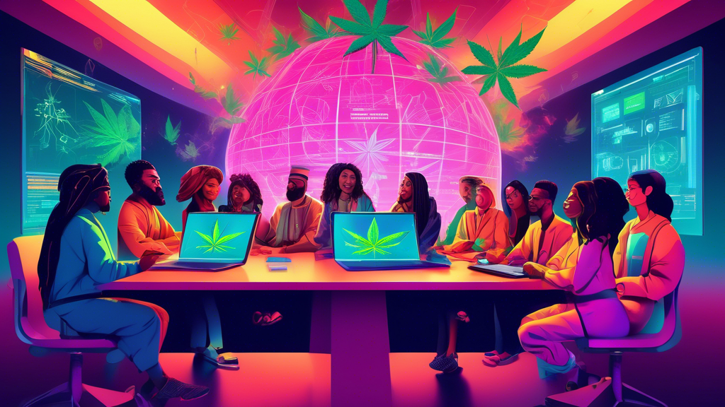 Digital artwork of diverse people from different cultures around the globe sitting around a large, glowing computer screen, displaying words and cannabis leaf symbols, in a futuristic virtual meeting 